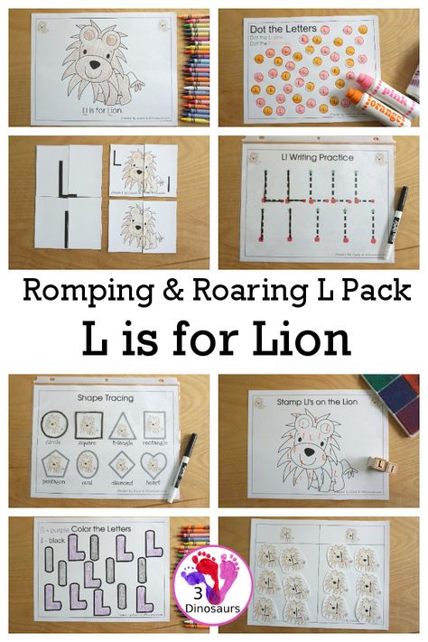 Free Romping & Roaring L Pack Letter Pack: L is for Lion - a letter l pack that has prewriting, finding letters, tracing letters, coloring pages, shapes, puzzles and more - 3Dinosaurs.com #3dinosaurs #letterl #letterpack #rompingroaring #abcs #prek #kindergarten Shapes Puzzles, Letters Coloring Pages, Lions For Kids, L Is For Lion, Preschool Phonics, Shape Activities, Zoo Activities, Animal Activities For Kids, 3 Dinosaurs