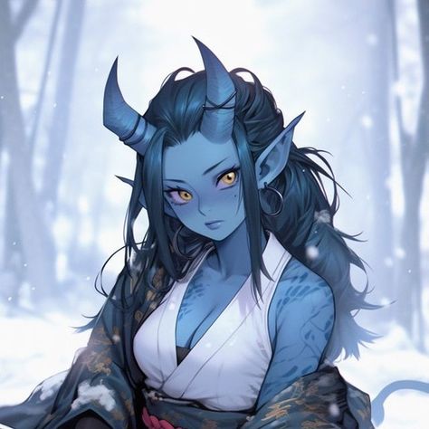 Blue Oni Character Art, Tiefling Blue, Blue Tiefling Woman, Kensei Monk, Female Tiefling Art, Blue Oni, Female Tiefling, Tiefling Female, Ninja Samurai