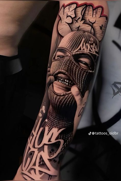 Tattoo Gang, Arm Tattoos For Guys Forearm, 30 Tattoo, Colour Tattoo For Women, Tattoo Over Scar, Realistic Tattoo Sleeve, Chicano Tattoos, Mask Tattoo, Tattoo Stencil Outline