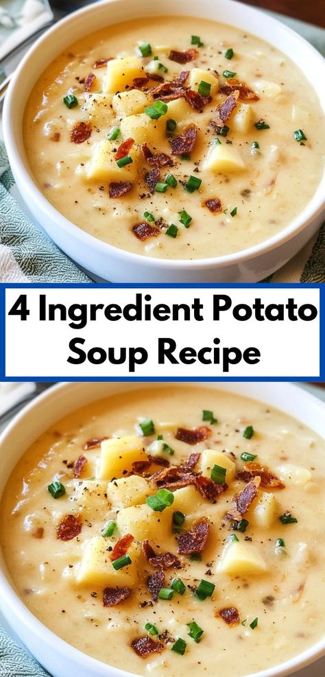 Want simple but tasty dinner ideas? Our 4 ingredient potato soup recipe delivers on flavor and ease. This is one of the top 4ingredient recipes, featuring a healthy take on classic potato dinner recipes. Potato Soup Easy Quick, 4 Ingredient Potato Soup, Potato Dinner Recipes, Quick Potato Soup, Healthy Baked Potatoes, Healthy Potato Soup, Baked Potato Soup Easy, Potatoes Soup, Creamy Potato Soup Recipe