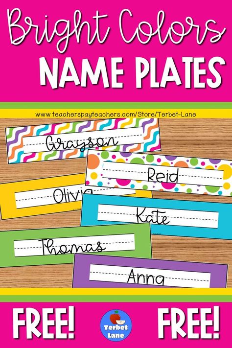 These fun, brightly colored free desk topper name plates are an easy way to add style to your classroom decor. Use them as student desks labels, sight word labels, bin labels, cubby labels, and more! Includes 6 different designs. These name plates also match a free set of bulletin board letters available to newsletter subscribers. See the link in the description of these name plates in my Tpt store Name Tags For Desks, Free Name Tags, Cubby Labels, Time Management College Student, Free Desk, Classroom Name Tags, Desk Topper, Desk Name Tags, Topper Name