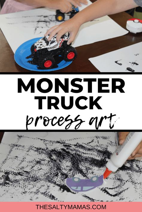 Looking for a toddler boys' art project that's sure to please? Try this Monster Truck Painting boys' craft, and then clean up with some squeaky-clean toddler sensory play. Read full instructions at TheSaltyMamas.com! Monster Truck Painting, Process Art For Toddlers, Monster Truck Art, Process Art For Kids, Steam Activities For Kids, Truck Painting, Educational Toddler Activities, Truck Crafts, Toddler Art Projects