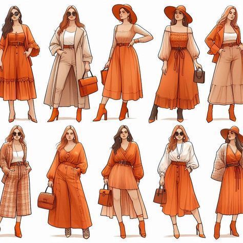 Orange And Brown Outfit, Classy Outfits Plus Size, Outfits Lookbook, Apple Shape Outfits, Orange Outfits, Dresses For Apple Shape, Fashion Show Poster, Apple Shape, Orange Outfit