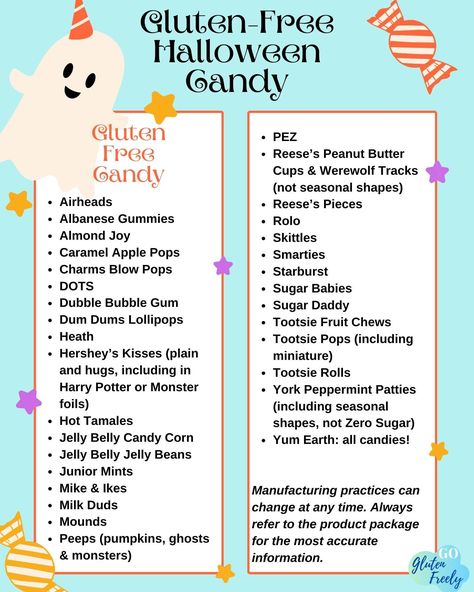 Updated for 2024! Free Printable! Gluten-Free Halloween Candy List & Tips! https://www.goglutenfreely.com/gluten-free-halloween-candy/ Gluten Free Halloween Candy List, Gluten Free Candy List, Gluten Free Halloween Candy, Dum Dums Lollipops, Caramel Apple Pops, Gluten Free Halloween, York Peppermint Patty, Apple Pop, Junior Mints