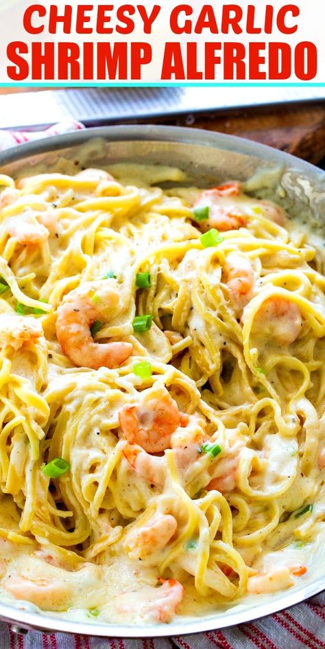 Cheesy Garlic Shrimp Alfredo, Fettachini Alfredo Recipes, Spaghetti Ideas, Garlic Shrimp Alfredo, Linguine Alfredo, Alfredo Spaghetti, Gf Pasta, Italian Dressing Recipes, Cajun Shrimp Recipes