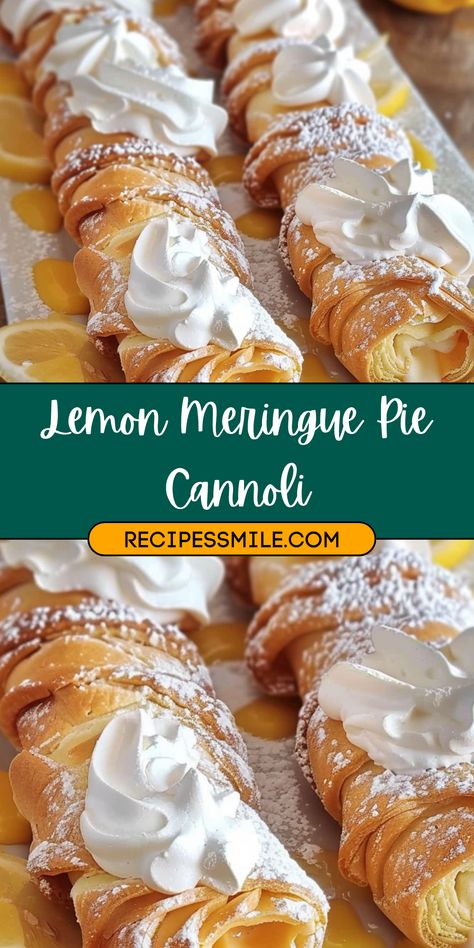 These refreshing and light Lemon Meringue Pie Cannoli combine a crispy pie crust shell with a tangy lemon meringue filling, perfect for a summer dessert. Lemon Meringue Pie, Meringue Pie, Lemon Meringue, Summer Dessert, Cannoli, Best Dessert, Best Dessert Recipes, Summer Desserts, Pie Crust