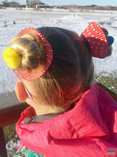 Cupcake Hair Buns, Easy Crazy Hairstyles, Cupcake Hair, Crazy Hair Day Ideas, Easy Hairstyles For Kids, Wacky Hair Days, Going Out Hairstyles, Crazy Hair Day, Hair Buns