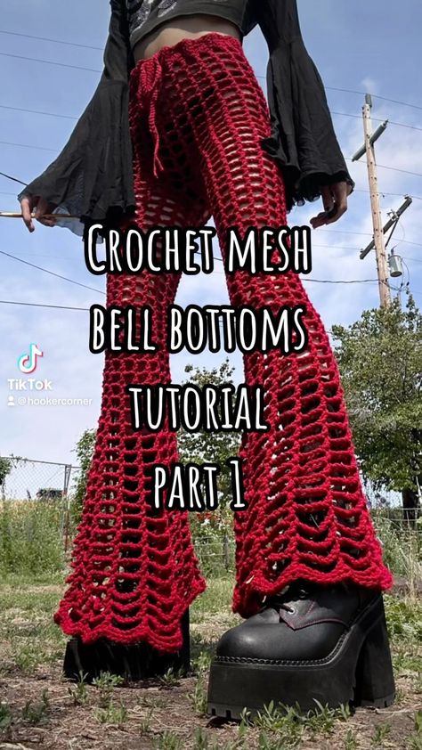 PART 1 of the Mesh Bell Bottoms Tutorial!🖤 ALSO! Forgot to add! The waistband is with the 6mm hook and the rest is with the 9mm… | Instagram Crochet Bottoms, Crochet Pants, Crochet Design Pattern, Crochet Clothing And Accessories, Beginner Crochet Projects, Crochet Fashion Patterns, Fun Crochet Projects, Diy Crochet Projects, June 16