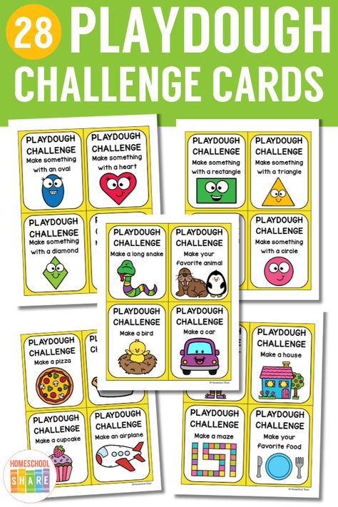 Playdough Challenge Cards (free printable!) - Homeschool Share Playdoh Task Cards Free, Playdoh Challenge Cards, Play Doh Challenge Cards, Playdough Cards Free Printables, Play Doh Printables Free, Playdough Challenge Cards, Free Printable Play Money, Playdough Learning Activities, Playdough Printables