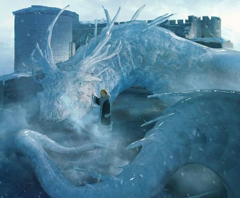 Adara and her ice dragon by Marc Simonetti  Concept art of "The Ice Dragon" children's book by George R.R. Martin Winter Dragon Aesthetic, Ice Dragon Fantasy Art, Ice Manipulate, Frost Dragon Art, Ice Creatures Fantasy Art, Ice Creature Concept Art, Ice Dragon Concept Art, Ice Bedroom Fantasy Art, Ice Powers Art