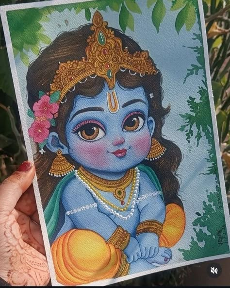 Krishna Ji Watercolour Painting, Krishna Ji Painting Watercolor, Laddu Gopal Painting, Kanha Painting Easy, Kanha Ji Drawing, Baby Krishna Painting, Cute Krishna Painting, Krishna Watercolor Painting, Cute Little Krishna Drawing