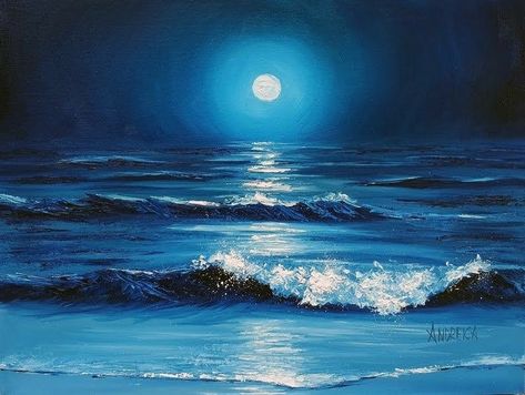 Moon And Waves, Night Seascape, Seascape Artwork, Into The Night, Oil Paints, Palette Knife, Oil Painting On Canvas, Painting On Canvas, Original Oil Painting