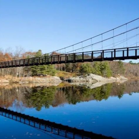 Narrow foot bridge over blue water with rocks and trees Brunswick Maine, The Coast, Day Trip, Take A, Road Trip, Maine