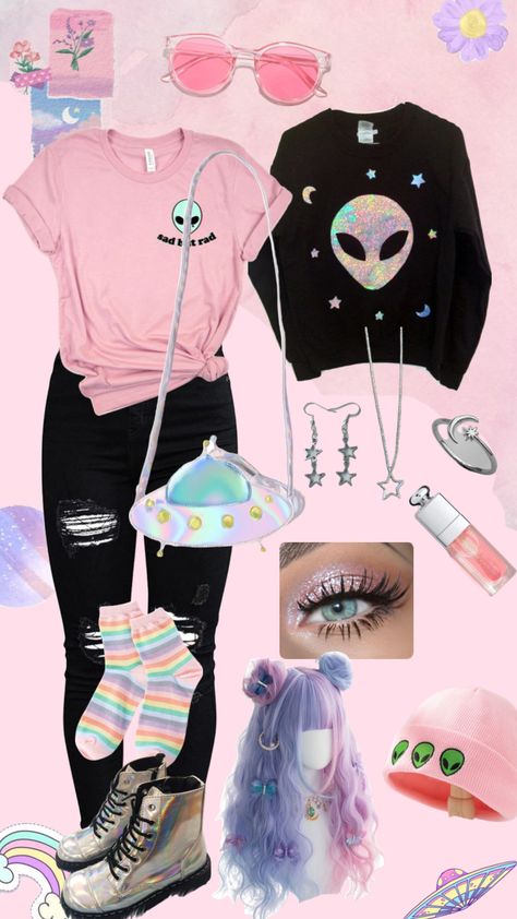 Space Related Outfits, Pastel Space Outfit, Pastel Grunge Aesthetic Outfits, Alien Style Outfit, Unicorncore Aesthetic Outfits, Pastel Space Aesthetic Outfit, Alien Outfit Aesthetic, Alien Core Outfits, Alien Inspired Outfit