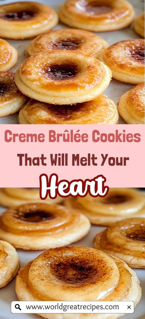 Indulge in the sweet and creamy goodness of Vanilla Custard Cookies inspired by classic crème brûlée! These cookies feature a rich custard-like flavor, perfectly complemented by a caramelized sugar topping. Ideal for dessert lovers, this recipe is simple yet rewarding, allowing you to enjoy the luxurious taste of crème brûlée in cookie form. Perfect for sharing at events or savoring alone, these delectable treats will have everyone asking for the recipe! Chantilly Cookies, Fancy Baking Recipes, Creme Brulee Cookie Recipe, Holiday Finger Foods, Creme Brulee Desserts, Chocolate Creme Brulee, Christmas Appetizer Recipes, Easy Make Ahead Appetizers, Custard Cookies