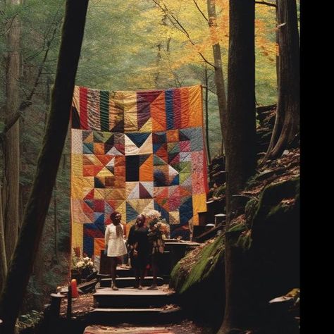 Curry J. Hackett on Instagram: "A little something new, with a brand-new scene of a quilted altar in the woods of Appalachia. Fascinating to see which aspects stay the same and which change from iteration to iteration. Imagined with AI, using #midjourney. #midjourneyart #midjourneyarchitecture #midjourneycommunity #aigenerated #aiartists #blackchurch #blackchurches #africanspirituality #appalachia #appalachianmountains #southernstyle #kelela" Appalachian Mountain Wedding, Old Appalachia Aesthetic, Appalachian Witch Aesthetic, 1920s Appalachia, Old Gods Of Appalachia Aesthetic, Appalachian Quilts, Appalachia Wedding, Vintage Appalachia, Appalachian Aesthetic