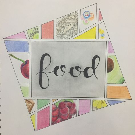 Art GCSE food title page Food Mindmap Art, Gcse Art Culture Title Page, Food And Drink Art Gcse Title Page, Food Title Page, Gcse Art Food Title Page, Mind Map Sketchbook, Architecture Mind Map, Natural Forms Title Page, Art Title Page Ideas