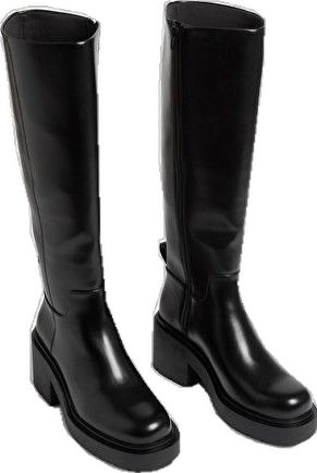 Chunky heeled black faux leather knee-high boots - Black - Monki WW Chunky Heel Knee High Boots, Winter Chelsea Boots, Chunky Heeled Boots, French Wardrobe, Visual Archive, 2024 Outfits, Shoes Socks, Trendy Boots, Shoe Inspo