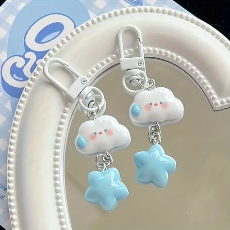 Blue Keychain, Clay Keychain, Backpack Charm, Cloud Shapes, Christmas Accessories, Star Design, Clay Charms, Hanging Pendants, Printed Bags