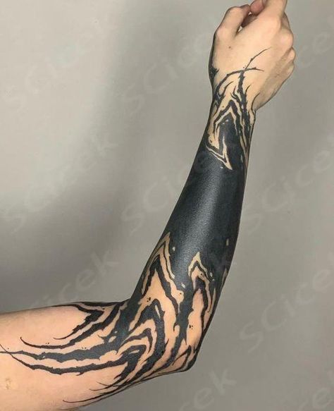 Blacked Out Forearm Tattoo, Blackout Forearm Tattoo, Arm Blackout Tattoo, Black Out Tattoo Designs, Blackout Arm Tattoo, Heavy Blackwork Tattoo, Abstract Black Tattoo, Blackout Sleeve Tattoo, Blastover Tattoo