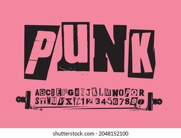 Punk typography vector alphabet and numbers. Type specimen set for grunge font flyers and posters or ransom note style designs. Ransom Note Typography, Punk Font Typography, Ransom Note Font, Punk Typography Design, Punk Graphic Design Typography, Alternative Typography, Rock N Roll Font, Punk Alphabet, Punk Lettering