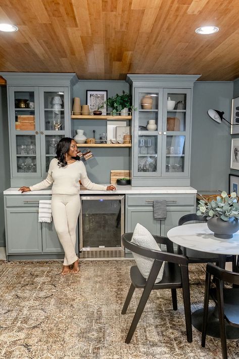 DiY Basement bar reveal using epoxy, diy cabinets, and other things to create a beautiful functional space. Diy Basement Bar, Shelf Rail, Diy Sideboard, Basement Decoration, At Home Photography, Brass Shelf, Epoxy Diy, Unfinished Cabinets, Farmhouse Room