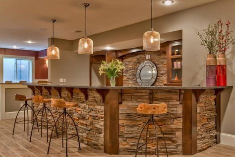 Bar front - stone w/ wood trim *** kmrinteriordesign Bar Front Ideas, Kitchen Stone Wall, Basement Bar Remodel, Stone Fireplace Wall, Luxury Pools Backyard, Live Edge Bar, Curved Kitchen, Basement Bar Designs, Diy Home Bar