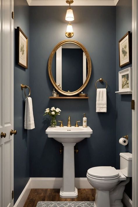 Entry Way Bathroom Ideas, Tiny Hall Bathroom Ideas, Small Basement Washroom Ideas, Dark Navy Small Bathroom, Mirrors For Small Bathroom, New England Powder Room, Small Basement Bathroom Ideas Half Baths, Pretty Half Bathroom, Decorate Small Powder Room