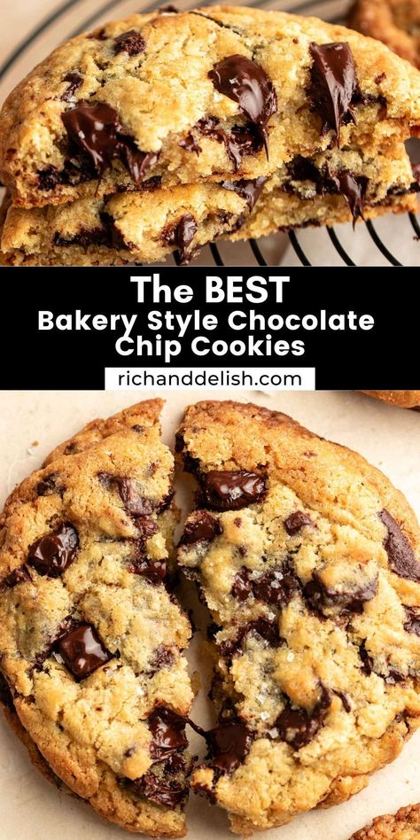 These giant bakery style chocolate chip cookies are large and loaded with chocolate chips! They are gooey in the middle and crunchy on the edges. Bakery Style Chocolate Chip Cookies, Holiday Recipes Christmas Desserts, Big Chocolate Chip Cookies, Crunchy Chocolate Chip Cookies, Bakery Chocolate Chip Cookies, Chocolate Chip Pecan Cookies, Giant Chocolate Chip Cookie, Best Chocolate Chip Cookies, Best Chocolate Chip