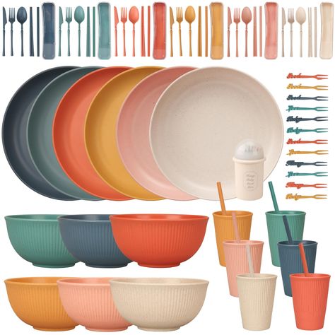 PRICES MAY VARY. 【Lightweight Dinnerware Sets】66-piece camping set for 4 people, includes 6 pieces each. 15 cm large bowls x 6, 22.5 cm large salad plates x 6, 400ml cup x 6, colorful knife, fork, reusable straw, spoon and chopsticks combination x 6, 10cm fruit forks x12. 【Safe Material & Stackable】Our dinnerware set designed with space-saving style and smooth rounded edges. Made of food grade PP material. Safe and healthy for everyone. 【Unbreakable & Easy to Clean】Sturdy and durable, won't crac Plastic Dinner Set, Camping Plates, Party Cutlery, Picnic Plates, Large Bowls, Large Salad, Plates And Bowls Set, Dining Plates, Camping Set