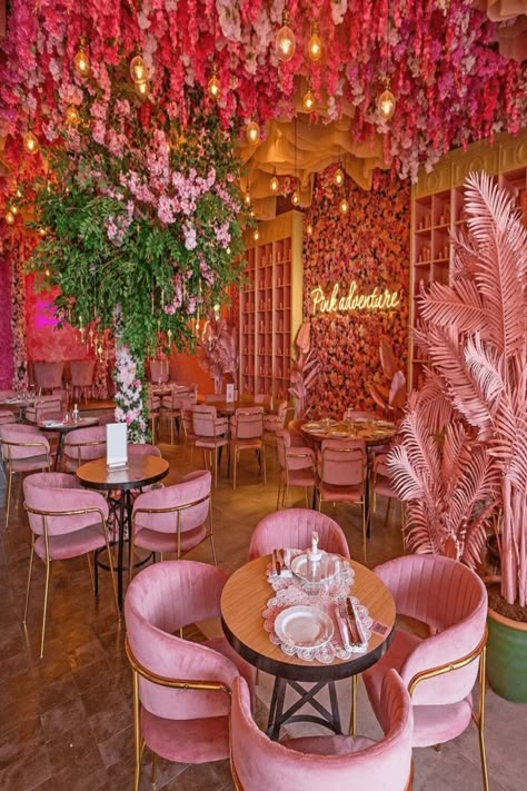 Floral Wall Restaurant, Girly Coffee Shop, Spring Installation, Girly Bar, Pink Restaurant, Dubai Trip, Brunch Inspiration, Pink Cafe, Bakery Interior