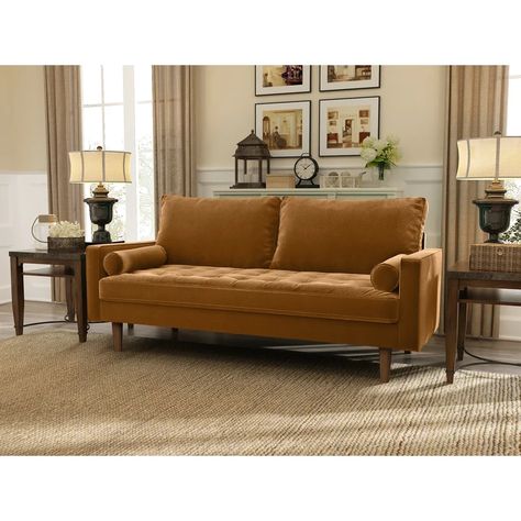 Wade Logan® Blodgett 69.68'' Velvet Square Arm Sofa & Reviews | Wayfair Cushion Bench, Rich Character, Tufted Loveseat, Square Arm Sofa, Sofa Loveseat, Tufted Sofa, Brown Sofa, Stylish Living Room, White Square