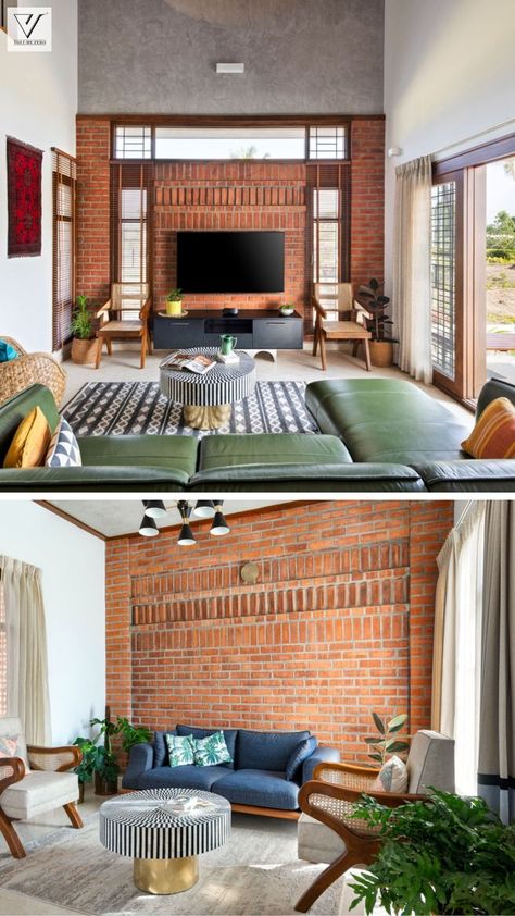 Indian Residence Interior, Indian Modern Living Room Design, Earthy Tv Unit, Exposed Brick Tv Wall, Earthy Indian Interiors, Contemporary Indian Living Room, Brick Wall Tv Unit Design, Double Height Living Room Indian, Simple Interior Design Indian