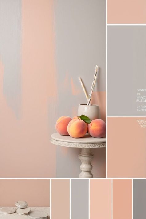 Sherwin Williams Palette, Wall Paint Combination, Sherwin Williams Silver Strand, Walnut Wood Kitchen, Cherry Wood Kitchen Cabinets, Peach Color Schemes, Pine Kitchen Cabinets, Peach Rooms, Mood Board Living Room