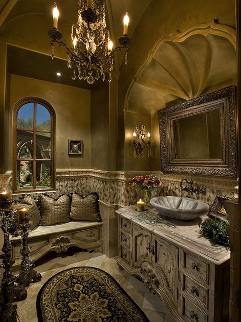 [this is it. i wish.] Tuscan Bathroom Decor, Ornate Bathroom, Old World Bathroom, Tuscan Bathroom, Gothic Bathroom, Mediterranean Bathroom, Tuscan Design, Victorian Bathroom, Powder Room Design