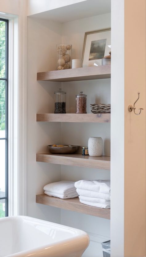 Bathroom Closet Organization Ideas, Bathroom Closet Organization, Open Bathroom, Closet Organization Ideas, Floating Shelves Bathroom, Bathroom Closet, Trendy Bathroom, Upstairs Bathrooms, Simple Bathroom