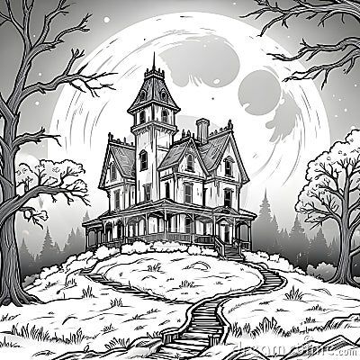 ai-generated-coloring-page-drawing-halloween-haunted-house-hill-full-moon-behind Cute Haunted House Drawing, Halloween Haunted House Drawing, Haunted House Drawing Easy, Witch House Drawing, Haunted House Coloring, Haunted House Drawing, Simple House Drawing, Sketchbook Studies, Spooky Houses