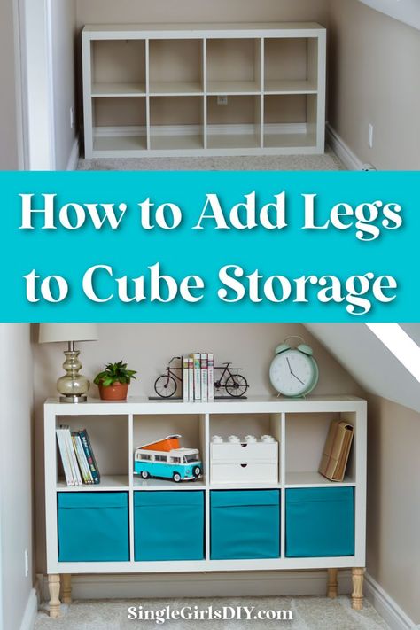 white cube storage unit before and after adding furniture legs Add Legs To Cube Organizer, Storage Shelves Ikea, Diy Cube Organizer, Ikea Cubby, Shelves Ikea, Diy Cube Storage, Ikea Cubes, Shelf Makeover, Kallax Shelving