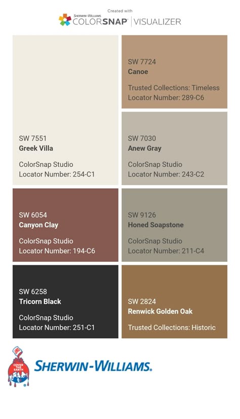 I just created this color palette with the Sherwin-Williams ColorSnap® Visualizer app on my Android phone. What do you think? You can learn more about ColorSnap Visualizer and get it on your phone free by visiting https://www.sherwin-williams.com/content/colorsnap.html. Paint Colors That Go With Rust Color, Brown Color Palette Sherwin Williams, Pergola Colors Ideas Paint, Aurora Brown Sherwin Williams, Rusty Brown Paint Colors, Terracotta Brown Color Palettes, Spanish Villa Color Palette, Cognac Wall Color, Umber Rust Sherwin Williams