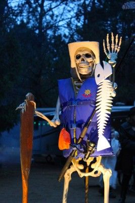 Halloween Decor--Skeleton fishing off dock Halloween Fishing Decor, Skeleton Fishing Halloween, Fishing Skeleton Decoration, Campground Halloween Ideas, Halloween Camper Decorating Ideas, Dock Decorations, Camper Halloween Decorating Ideas, Halloween Campsite Decorating Ideas, Halloween Skeleton Ideas