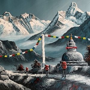 Mount Everest Yaks Original Painting Nepal Himalayas - Etsy Australia Nepali Painting, Orange Wall Hanging, Mountain Painting Acrylic, Ama Dablam, Nepal Art, Painting Tool, Tibetan Art, Landscape Art Painting, Acrylic Oil Painting