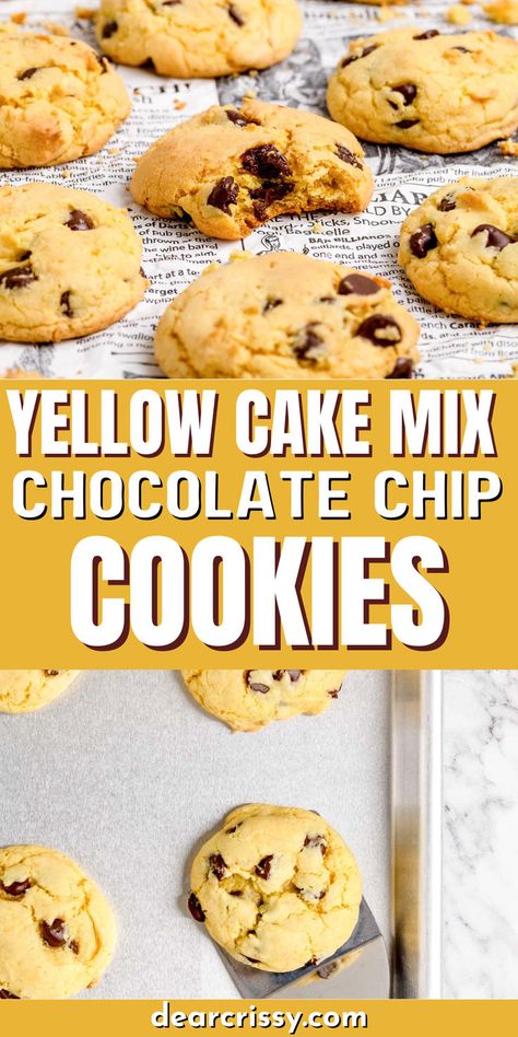 Indulge in the ultimate cookie experience with these Yellow Cake Mix Chocolate Chip Cookies! Combining the rich flavors of yellow cake and gooey chocolate chips, this quick and easy cookie recipe promises soft, chewy perfection in every bite. With just a few simple ingredients, you’ll create a delightful treat that’s sure to impress family and friends at any gathering. Chocolate Chip Cookie Cake Mix Recipe, Yellow Cake Mix Chocolate Chip Bars, Yellow Cake Chocolate Chip Cookies, Yellow Box Cake Mix Cookies, Cake Mix Chocolate Chip Cookies Recipes, Butter Golden Cake Mix Cookies, Cookies From Cake Mixes, Cakemix Cookies Chocolate Chip, Cake Box Chocolate Chip Cookies