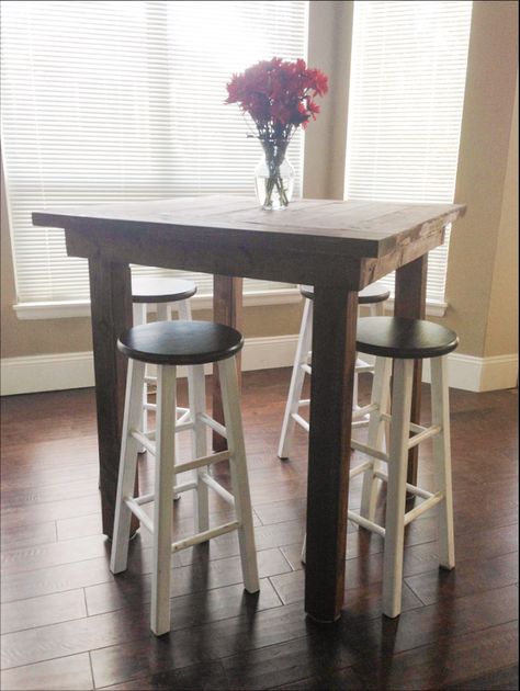 We had absolutely nothing in our "kitchen nook" area The space seemed perfect for a high top pub table. I scoured the internet looking for some good plans. Diy Pub Table Ideas, Diy Pub Table, Round Farmhouse Table, High Top Tables, Kreg Jig, Building Furniture, Kitchen Nook, Pocket Hole, Pub Table