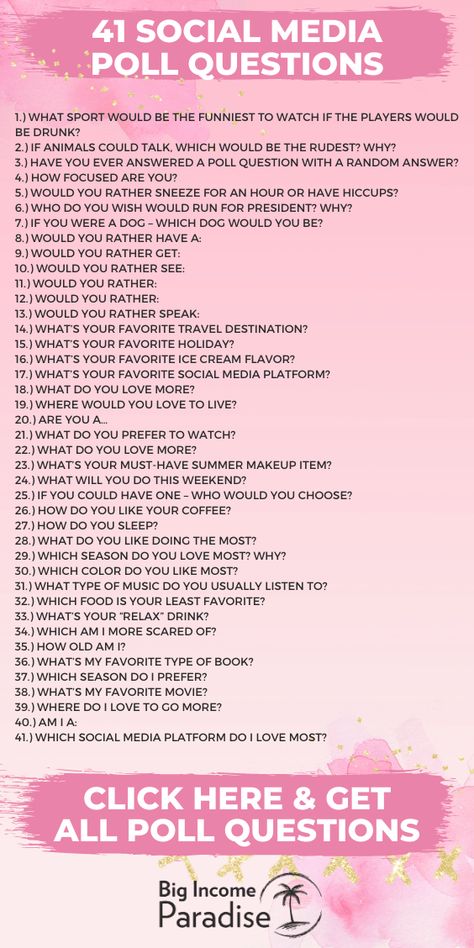 Poll questions || Social Media poll questions || Poll questions for Instagram || Poll questions for Facebook || Poll questions for Instagram story || Funny poll questions || Poll questios for Facebook Group || #pollquestions #socialmediacontent #socialmediacontentideas Questions To Ask On Instagram Live, Engagement Questions For Instagram, Yes Or No Questions Instagram Polls, Insta Polls Questions, Social Media Questions Posts, Fill In The Blank Questions Social Media, Funny Polls For Instagram Story, Ig Story Polls Ideas, Facebook Questions Posts