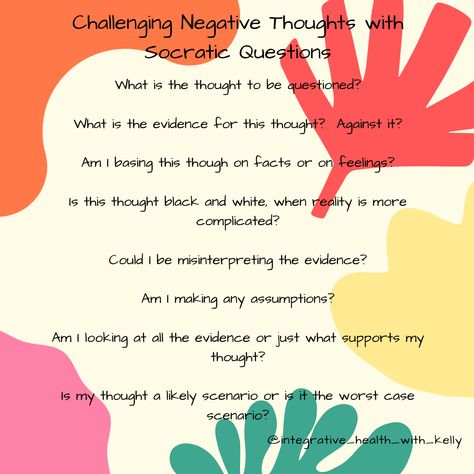 Therapy Discussion Questions, Group Therapy Check In Questions, Socratic Questioning Therapy, Cbt Negative Thoughts, Socratic Questioning, Solution Focused Therapy Questions, Recovery Activities, Thought Work, Cbt Activities