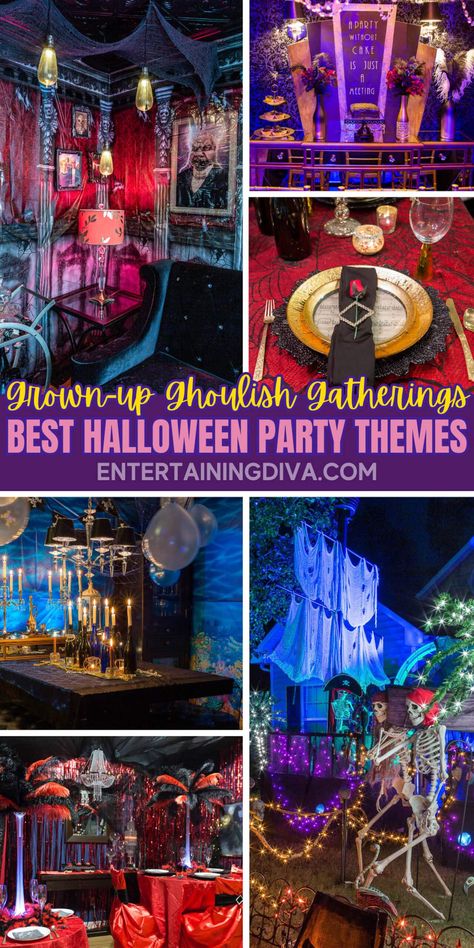 Grown-up Ghoulish Gatherings: Best Halloween Party Themes | Party Ideas Monster Ball Halloween Party, Halloween Party Themes For Adults, Harry Potter Party Theme, Cool Halloween Party, Halloween Gala, Halloween Decorations Food, House Halloween Party, Party Themes For Adults, Haunted House Halloween Party