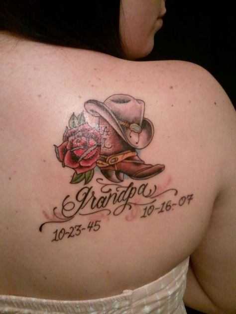 My memorial tattoo for my Grandpa Al done by Brad Worthen at Pop's Old Town Tattoos in Vallejo, CA Grandfather Tattoo, Grandpa Tattoo, Memorial Tattoo Designs, In Loving Memory Tattoos, Cowgirl Tattoos, Cowboy Tattoos, Remembrance Tattoos, Awesome Tattoo