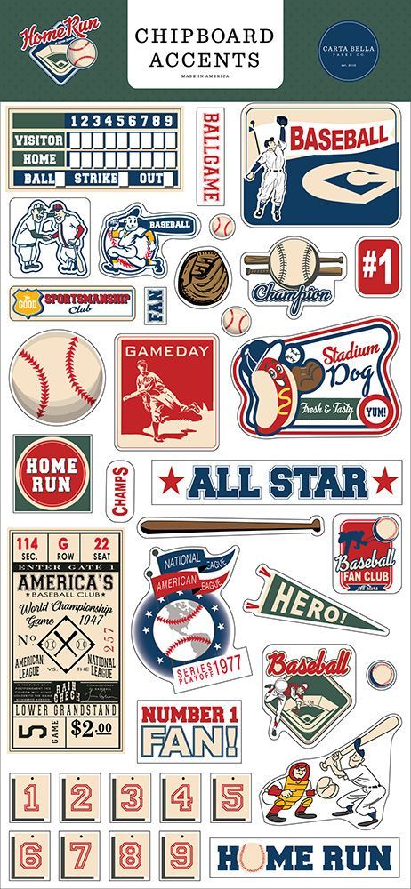 #cartabella #homerun #chipboard . #Baseball_Card_Design #Vintage_Baseball_Aesthetic #Scoreboard_Design #Scrapbook_Wall_Art Baseball Collage Ideas, Baseball Card Design, Baseball Stickers, Baseball Scrapbook, Stickers For Scrapbook, Feelings Games, Disney Big Hero 6, Baseball Scoreboard, Scrapbook Decoration