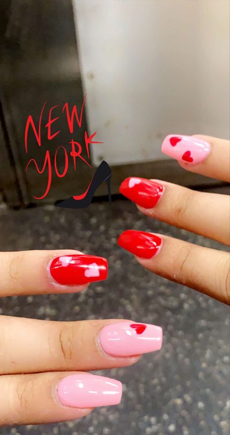 Valentines Day Nails Gel X Coffin, Coffin Valentine Nails Design Simple, Nails Coffin Simple, Red And Pink Valentines Day Nails, Acrylic Nails Coffin Love Heart, Blue Valentine Nails, Valentines Day Nails Coffin, Cute Nail Designs Almond Shape Valentine’s, Pink And Red Love Heart Nails