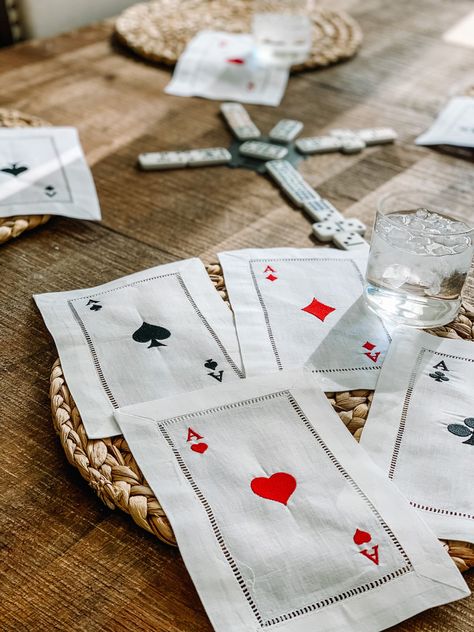 Embroidered Playing Cards, Playing Cards Embroidery, Embroidered Design Ideas, Personalized Card Deck, Embroidery Cocktail Napkins, Embroidered Dinner Napkins, Dice Embroidery, Embroidered Cocktail Napkins, Unique Playing Cards